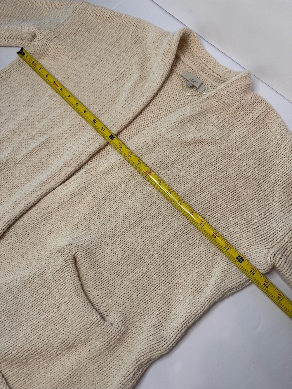 LOFT Cream Open-Front 3/4 Sleeves Cotton Knit Cozy Cardigan- size L - Picture 10 of 12